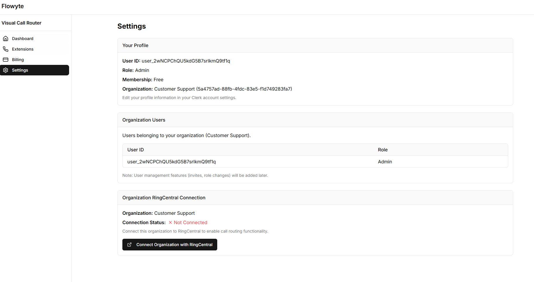 RingCentral connection section